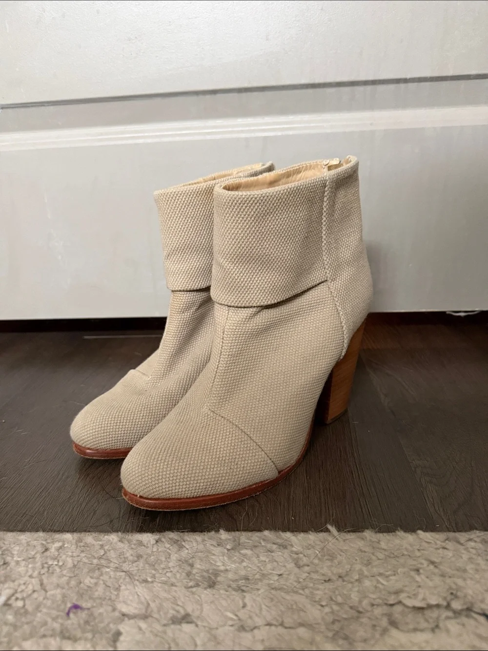 rag & bone Fold-Over Canvas Ankle Booties in Light Beige